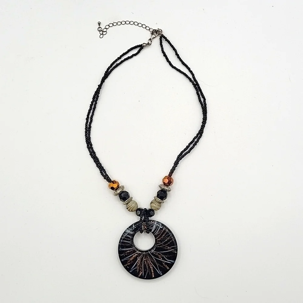 Vintage Double Stranded Adjustable Necklace Circular Medallion Black Bronze